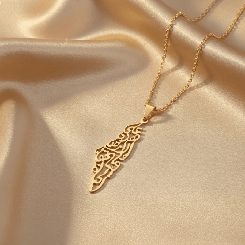 Palestine Calligraphy Map Necklace