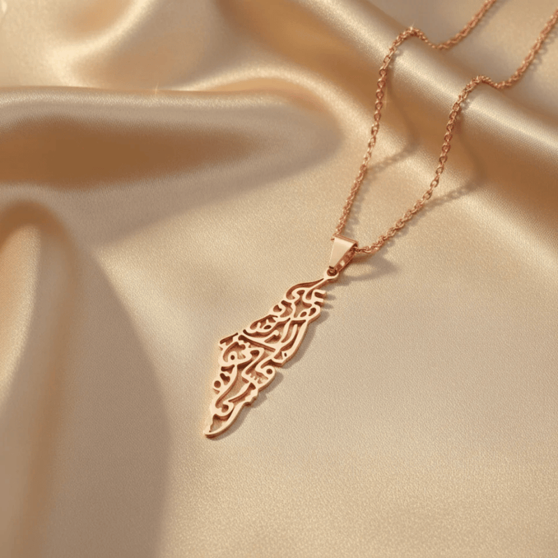 Palestine Calligraphy Map Necklace
