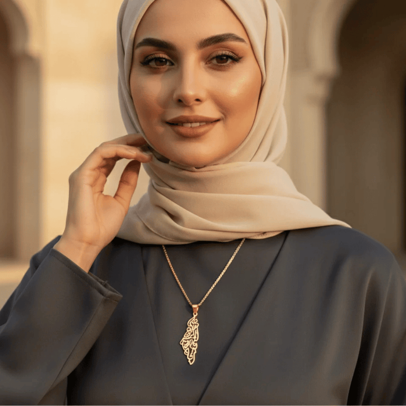 Palestine Calligraphy Map Necklace