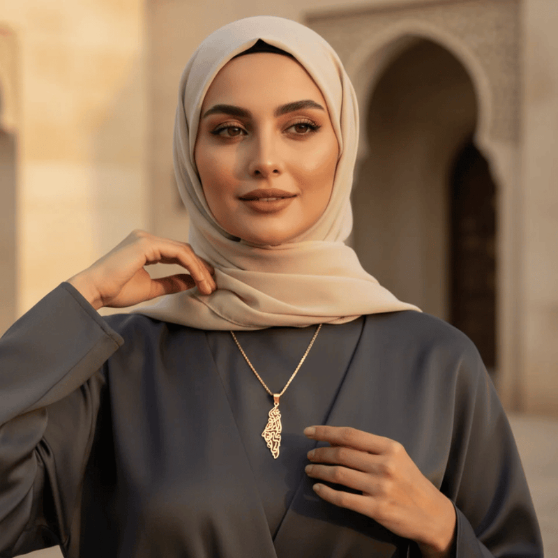 Palestine Calligraphy Map Necklace